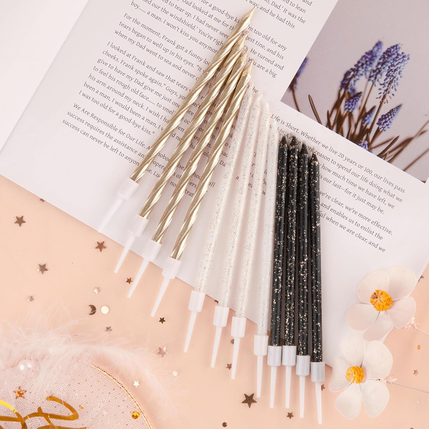 PHD CAKE gold, black, and white long birthday candles on a cake, thin and elegant for celebration and decoration