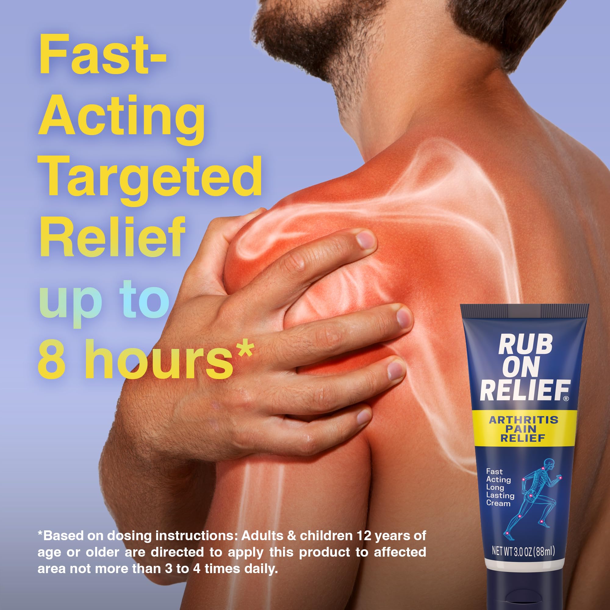 Rub On Relief Arthritis Pain Relief Cream 10-in-1 in a 3oz tube, showing the medication packaging and applicator tip.
