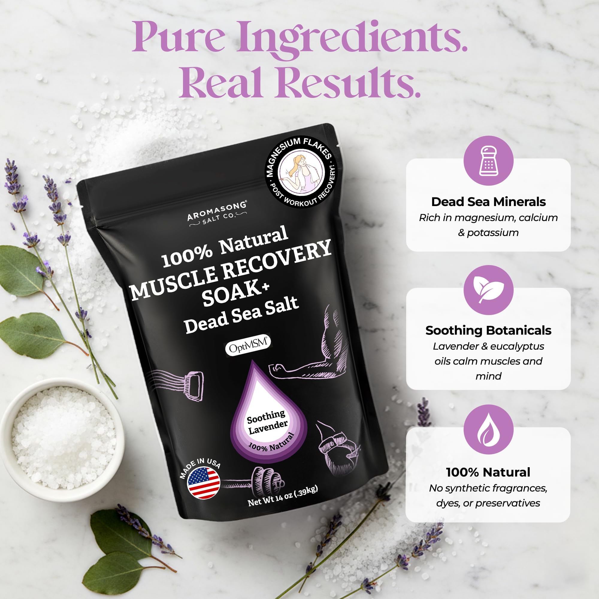 Aromasong Muscle Recovery Bath Soak for Muscle | Sore Muscle Soak with Dead Sea Salt, OptiMSM, Magnesium Flakes & Essential Oils | 3 Lb. - Made in USA.