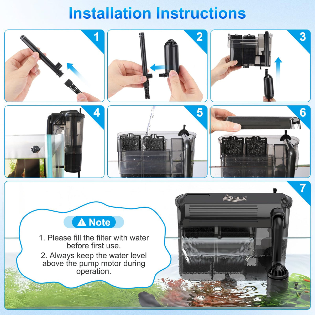 AQQA Aquarium Hang on Back Filter Slim Quiet HOB Power - AQQA Official Imagery - 7
