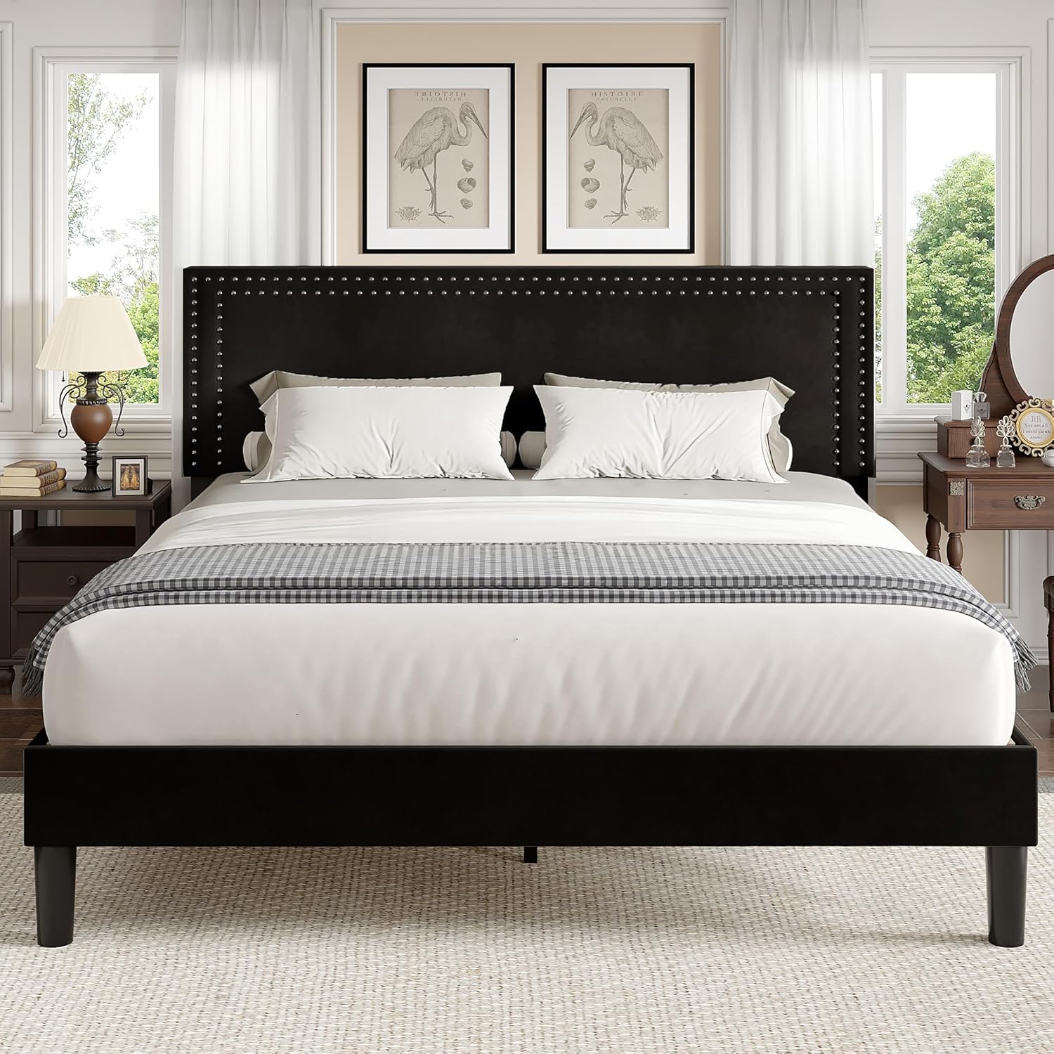 Vecelo Queen Size Platform Bed Frame Height Adjustable Upholstered Headboard