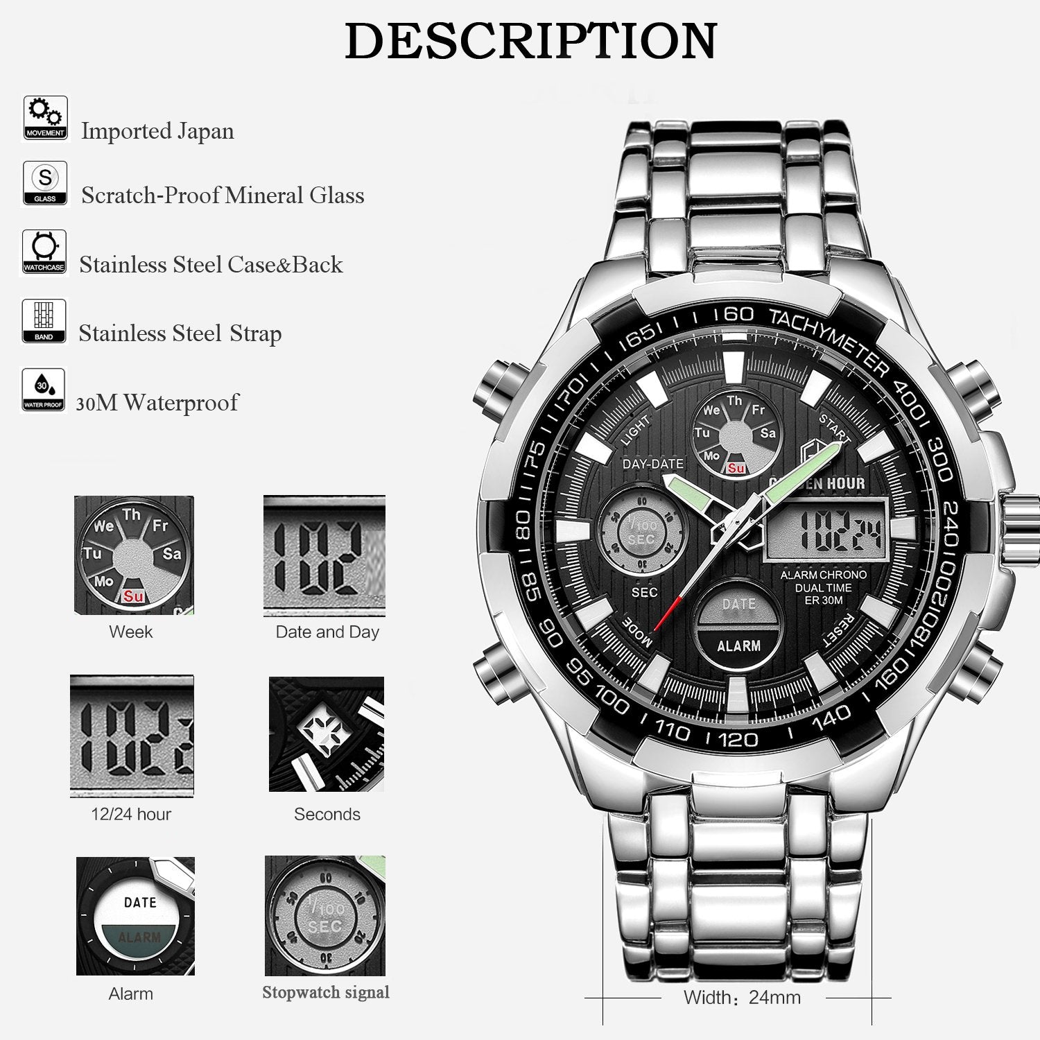 GOLDEN HOUR Men's Sport Analog Digital Watch Silver