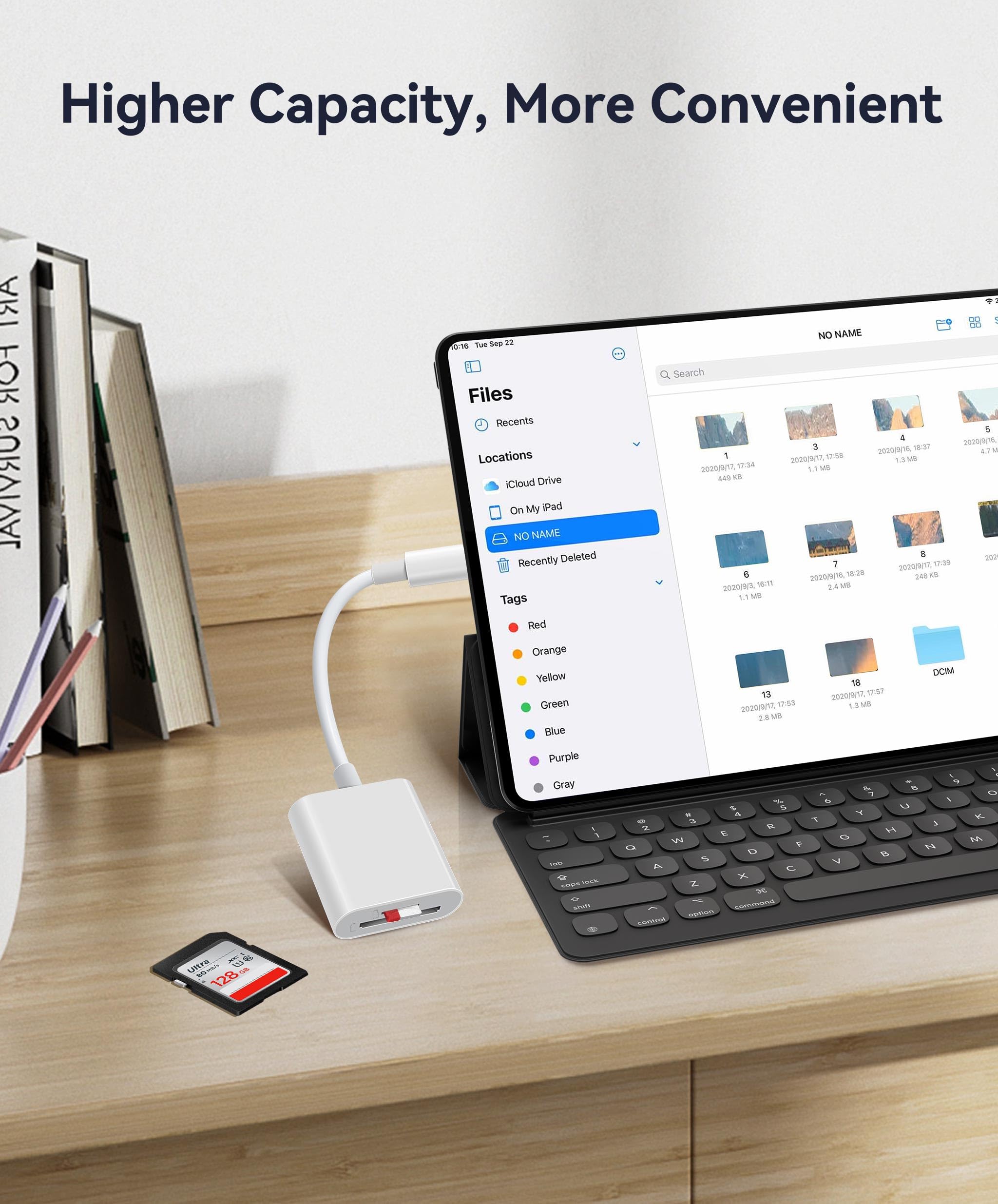 WNXSLOAD USB C SD and MicroSD card reader with dual slots for iPhone, iPad, MacBook, and laptops, high-speed data transfer.
