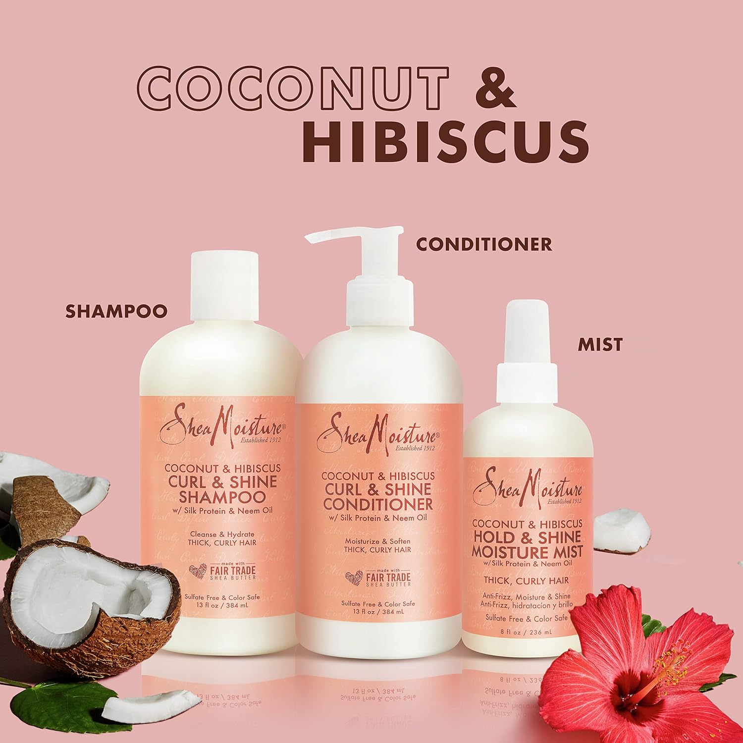 Elefair SheaMoisture curl shampoo and conditioner set with coconut oil, designed for moisturizing and defining curly hair.