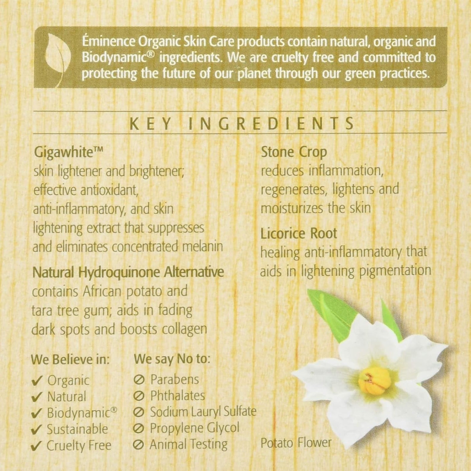 Eminence Organic Skin Care product label with key ingredients and green leaf logo.