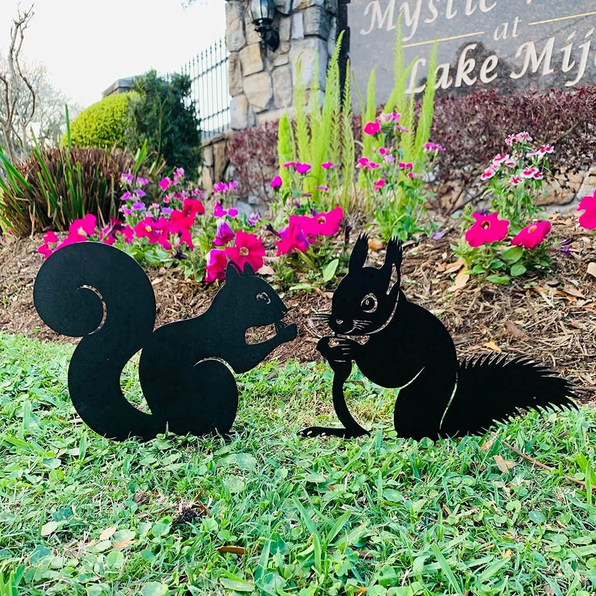 RealSteel metal garden bunny and squirrel sculptures, decorative yard art stakes for outdoor garden decor.