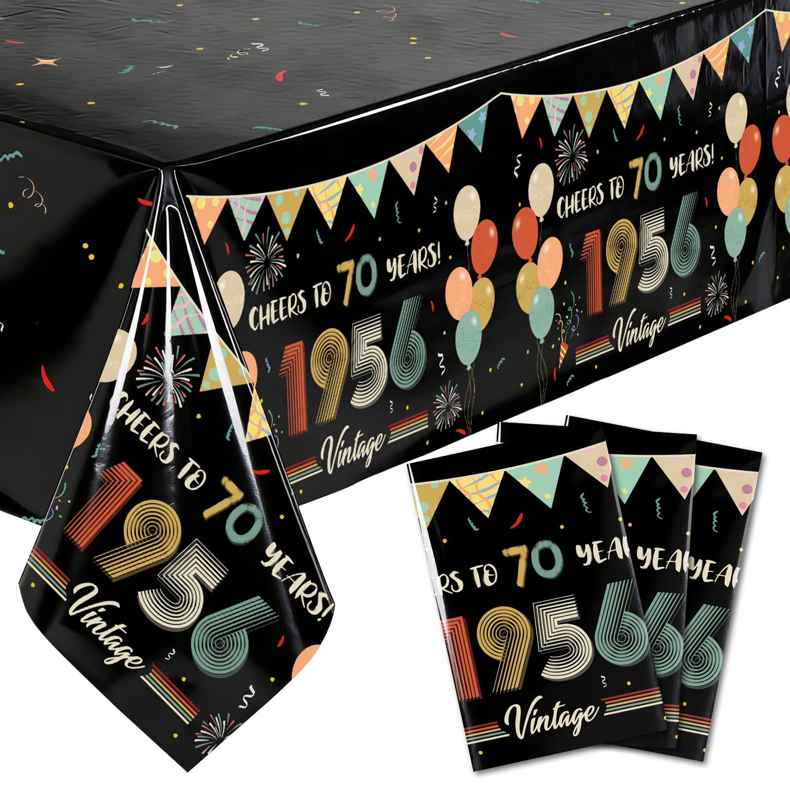 3Pcs Vintage 70th Birthday Tablecloths 1956 Cheers to 70 Years - Product Imagery