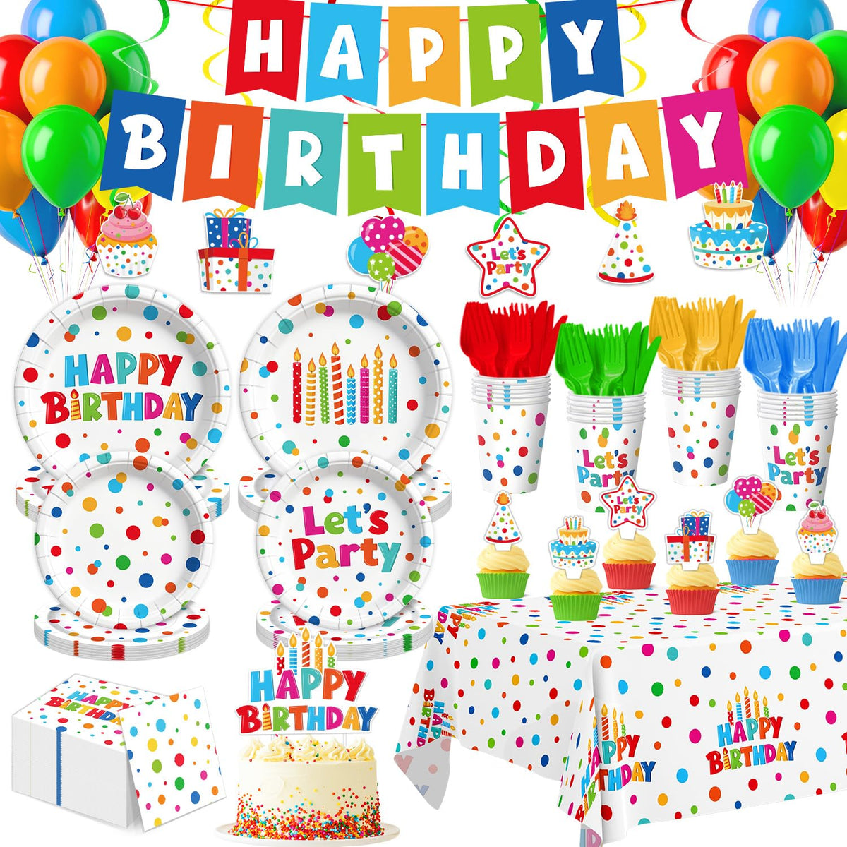 195 Pcs Birthday Party Supplies Happy Birthday Party Dots - Kinovo Official Imagery - 2