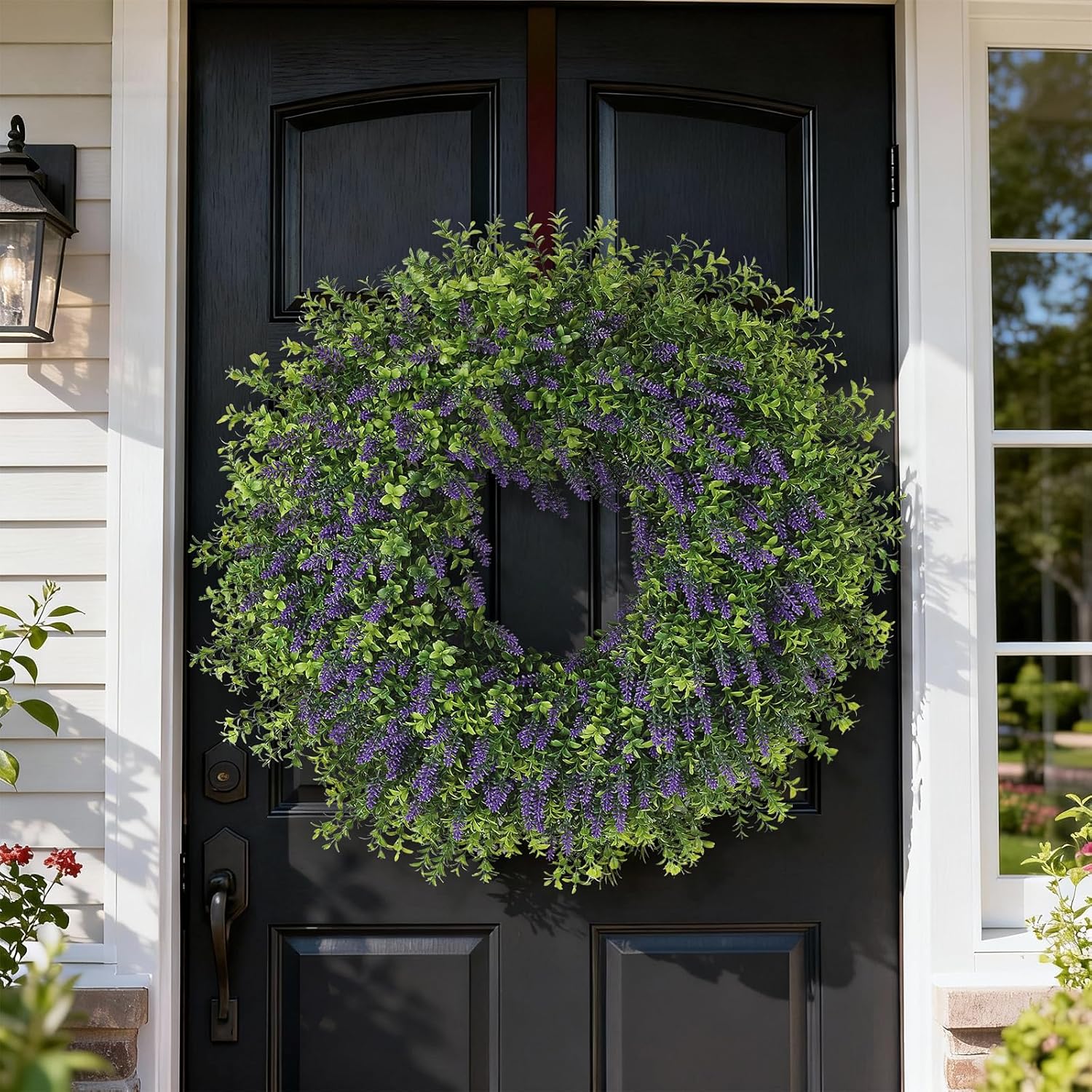 26" Artificial Lavender & Boxwood Wreath for Front Door - Large Faux Purple Greenery Outdoor