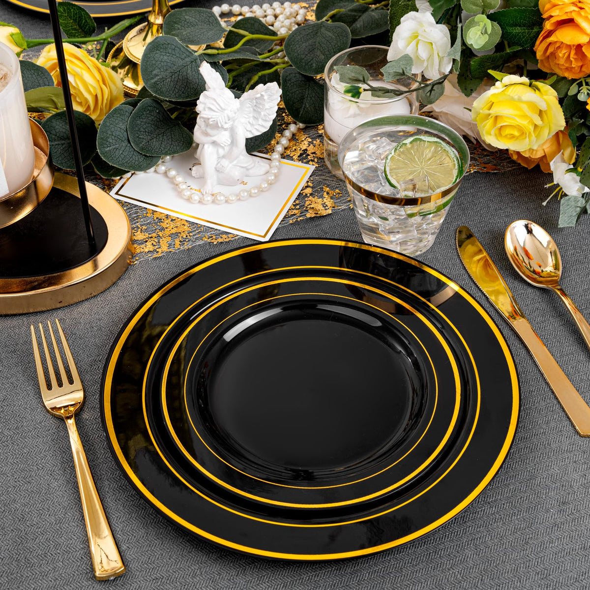 bUCLA 150 Pieces Black and Gold Disposable Dinnerware Set - bUCLA Official Imagery - 8