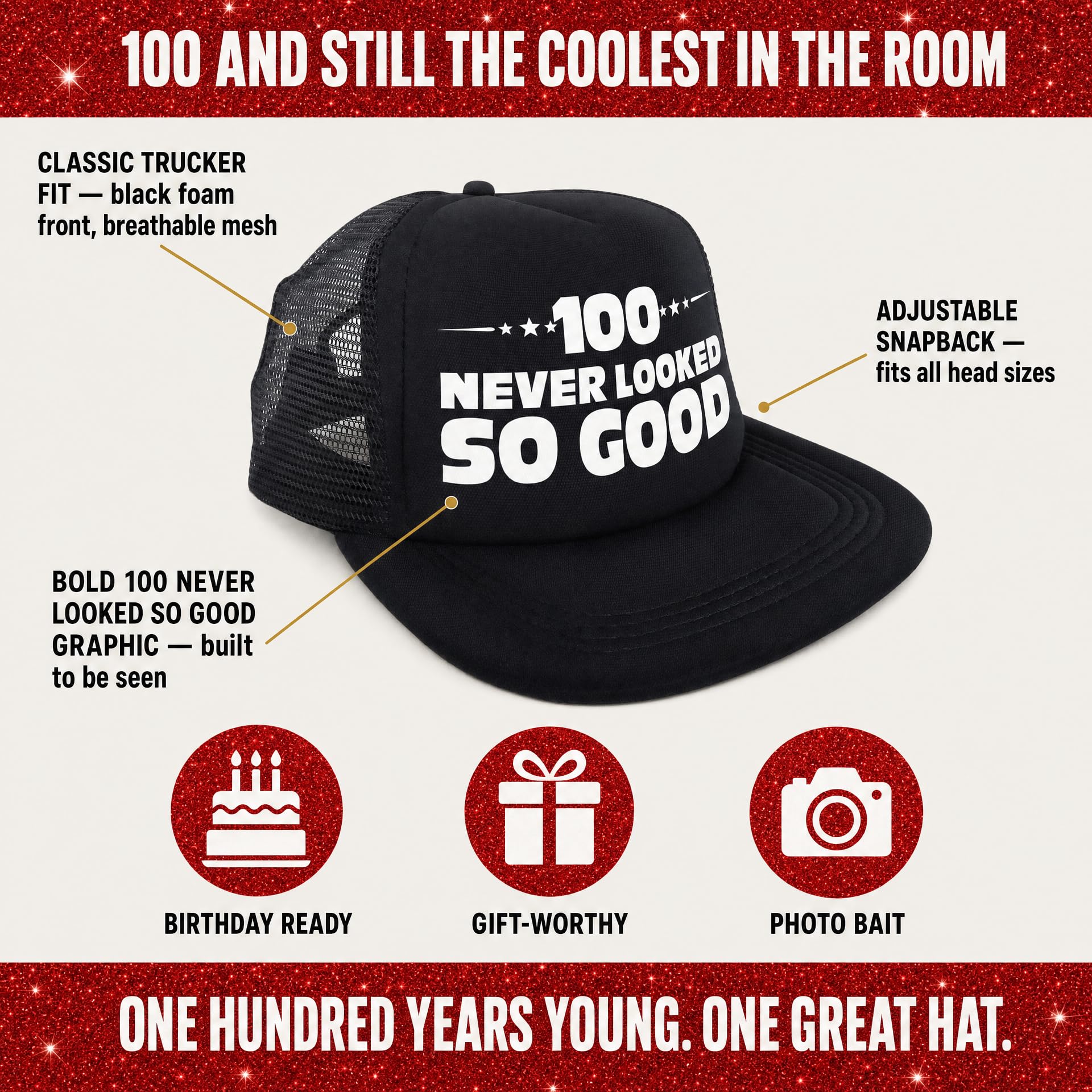 Sterling James Co. 100 Never Looked So Good Novelty Trucker Hat - - Sterling James Co. Official Product View 4