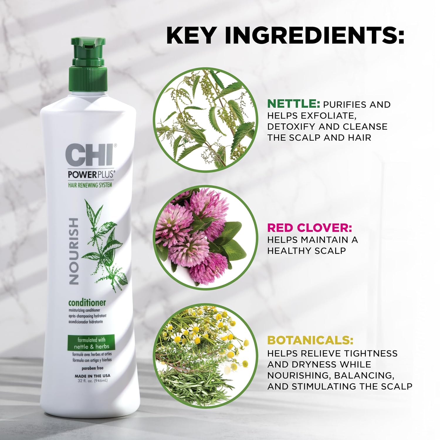 Elefair CHI Powerplus Nourishing Conditioner for hair renewal, showing a sleek bottle with a healthy hair and scalp focus.
