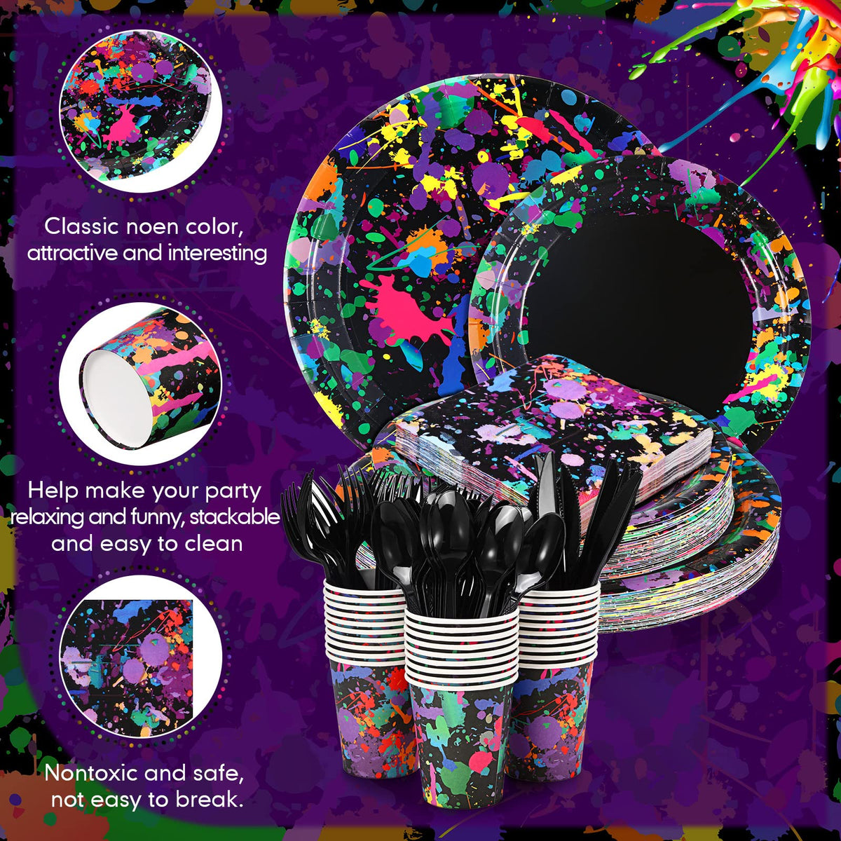 Baderke 252 Pcs Neon Party Supplies Neon Plates Tableware - Baderke Official Imagery - 4