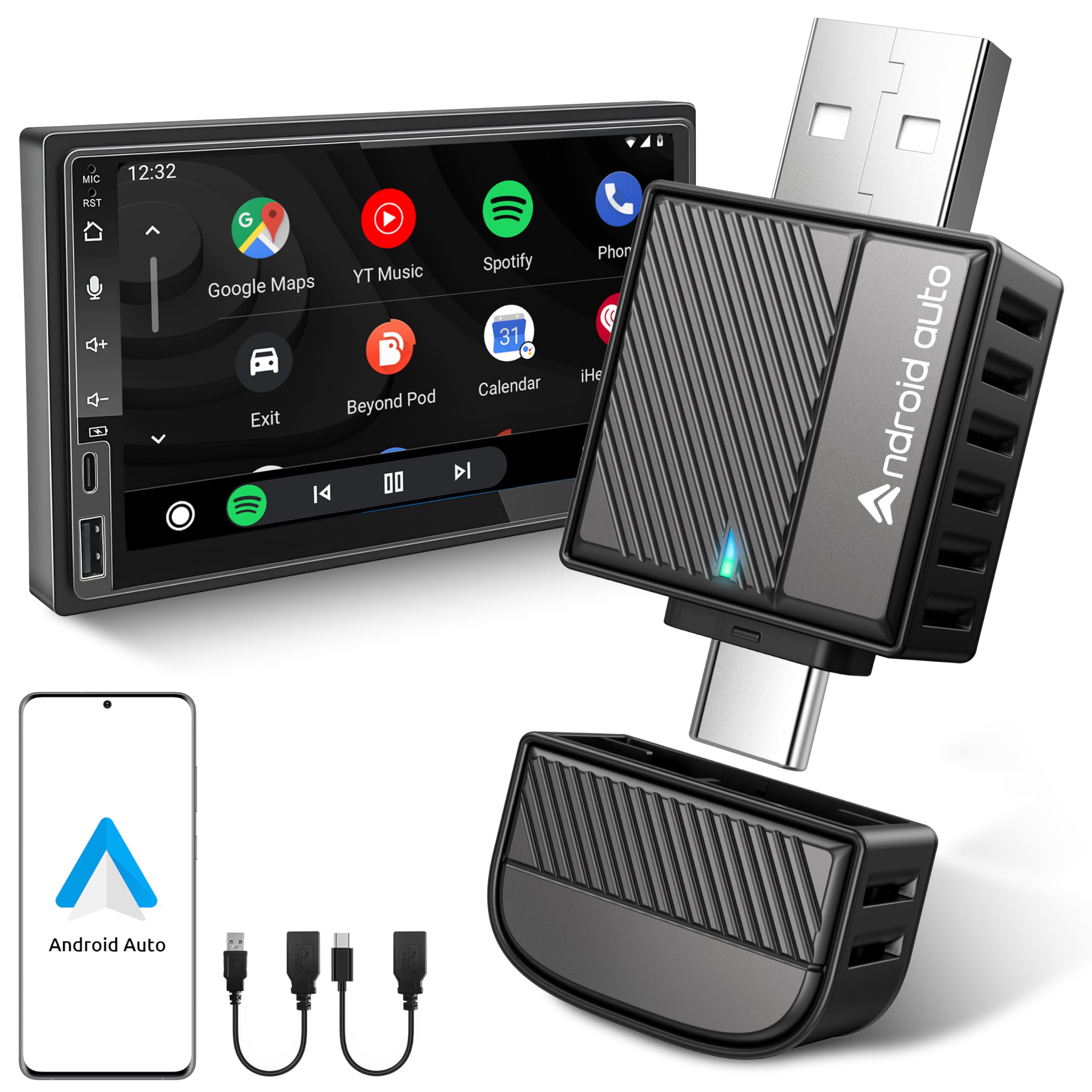 Bytewave Wireless Android Auto Adapter, USB A/C Car Dongle with N by ByteWave - Angle View 1