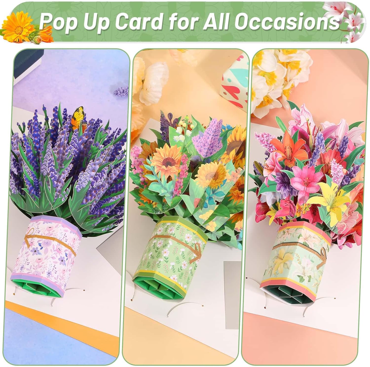 Set of three Caffox paper flower pop-up greeting cards with 3D floral bouquet designs, ideal for special occasions.