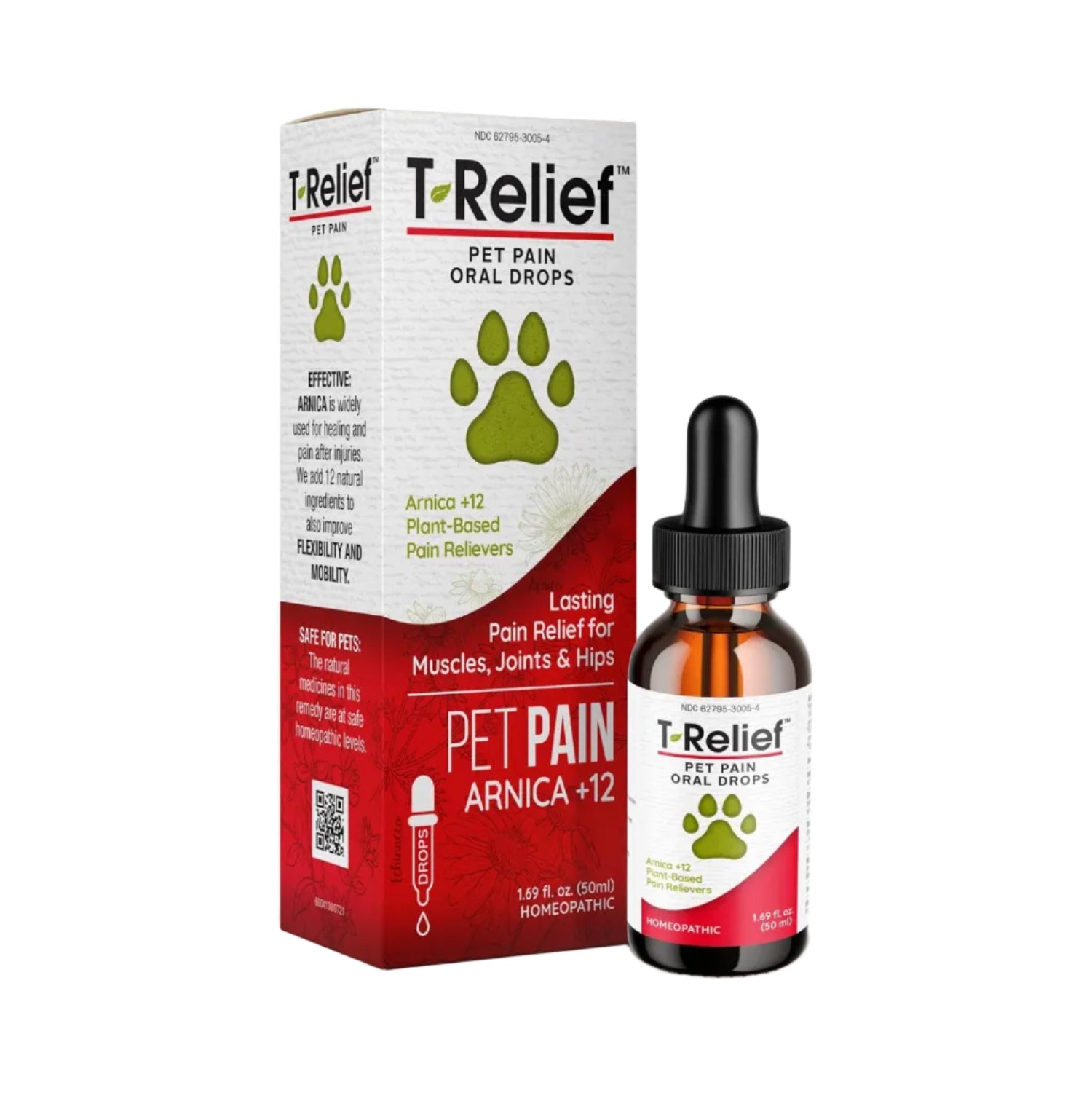 MediNatura T-Relief Pet Pain Relief Drops with Arnica and natural medicines for pet pain management, shown in a dropper bottle.