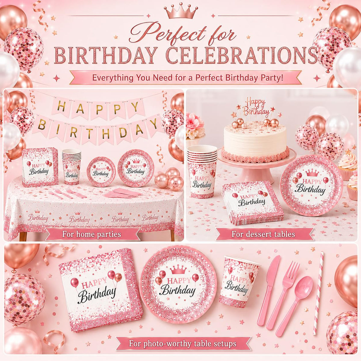 212Pcs Pink Birthday Party Supplies Set Disposable Plates - ZIRICHER Official Imagery - 8
