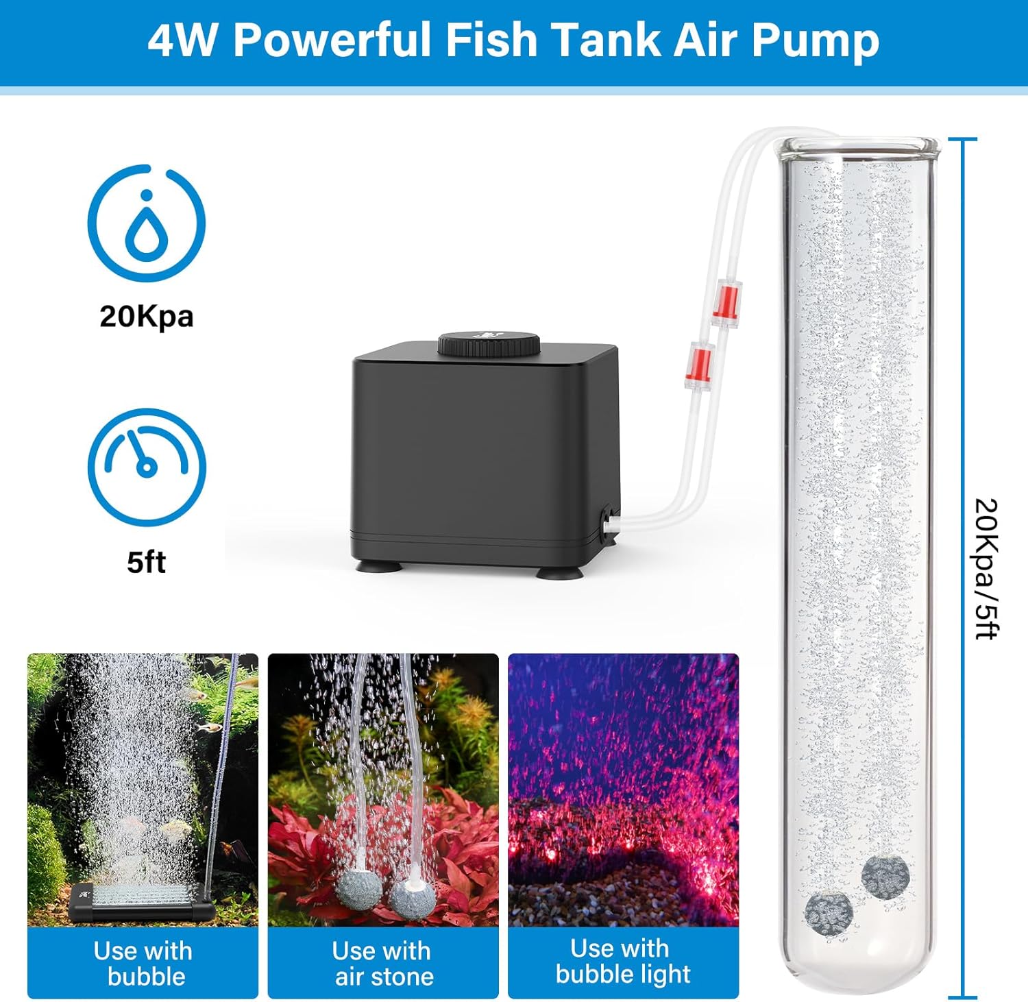 hygger aquarium air pump with 4W power, quiet adjustable fish tank oxygen pump, compact and efficient for aeration