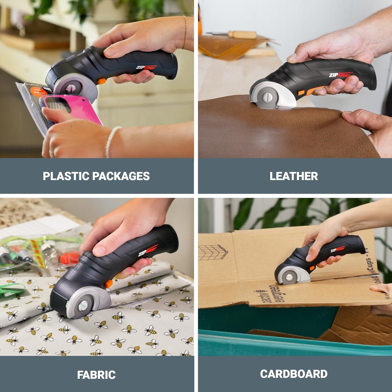 Elefair Worx Zipsnip cordless electric scissors cutting cardboard box, rechargeable electric cutter for packaging and craft projects.