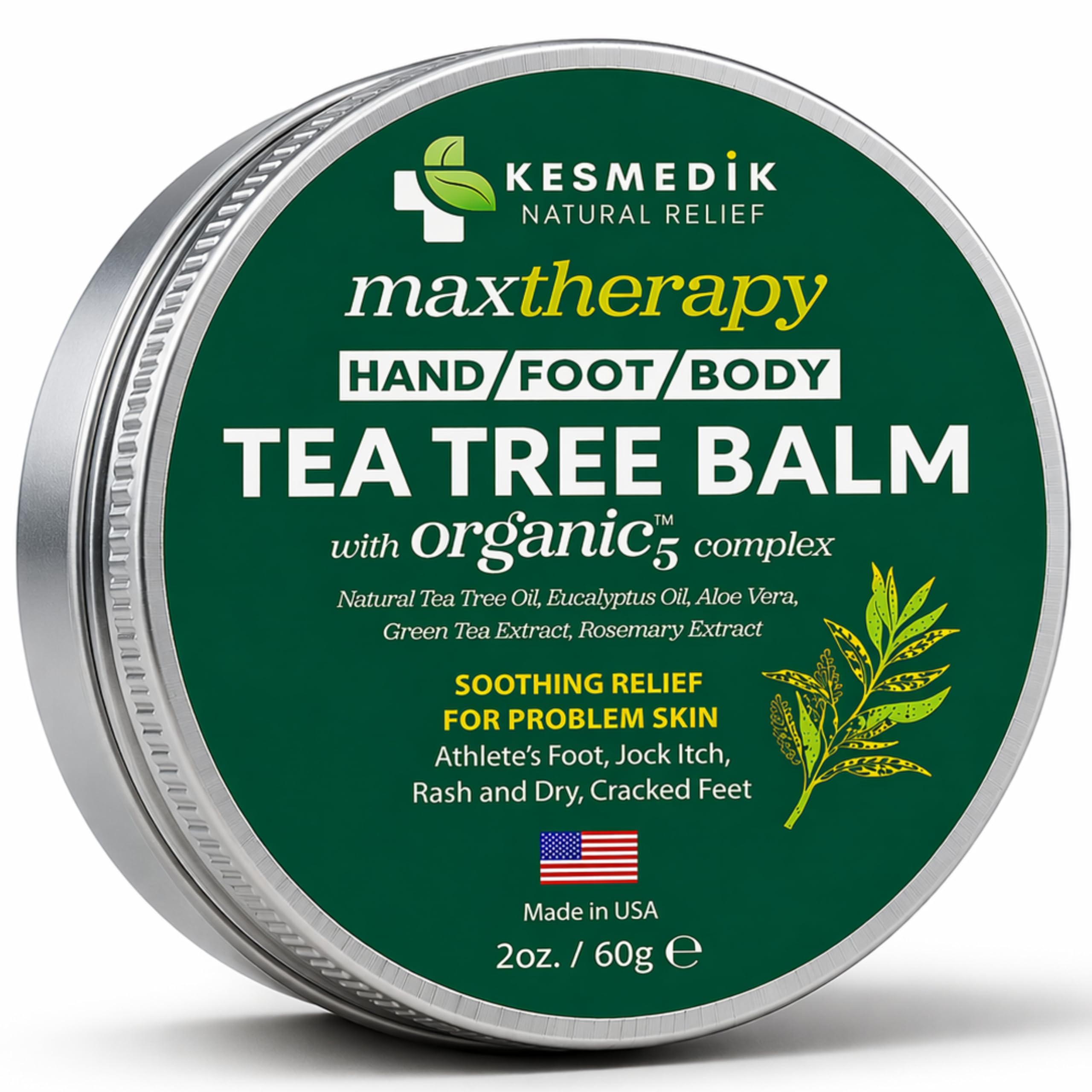KESMEDIK Tea Tree Oil Balm skin moisturizer with antifungal properties, showing a jar of calming, natural herbal balm for skin relief.