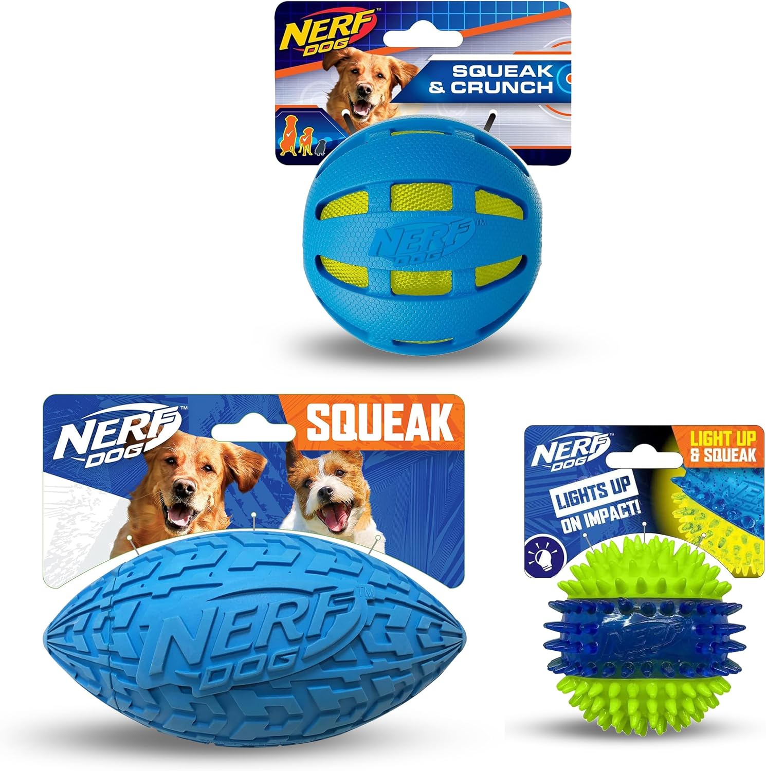 Nerf Dog toy gift set featuring outdoor fetch toys: checker crunch ball, LED squeak ball, and tire squeak football.