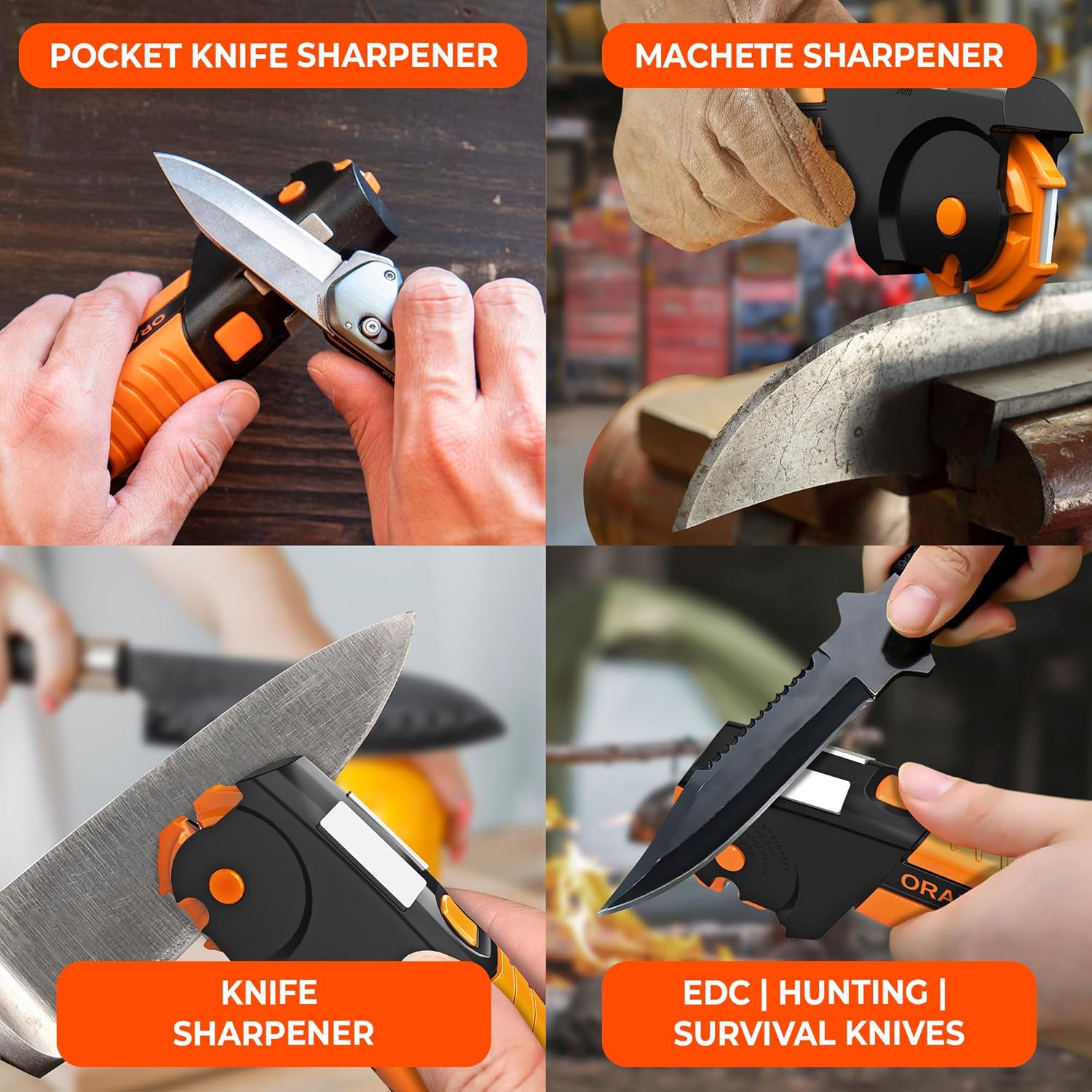 Orange Ninja 7-in-1 garden tool and knife sharpener by Sharp Pebble with multiple sharpening functions for axes, hatchets, and machetes.