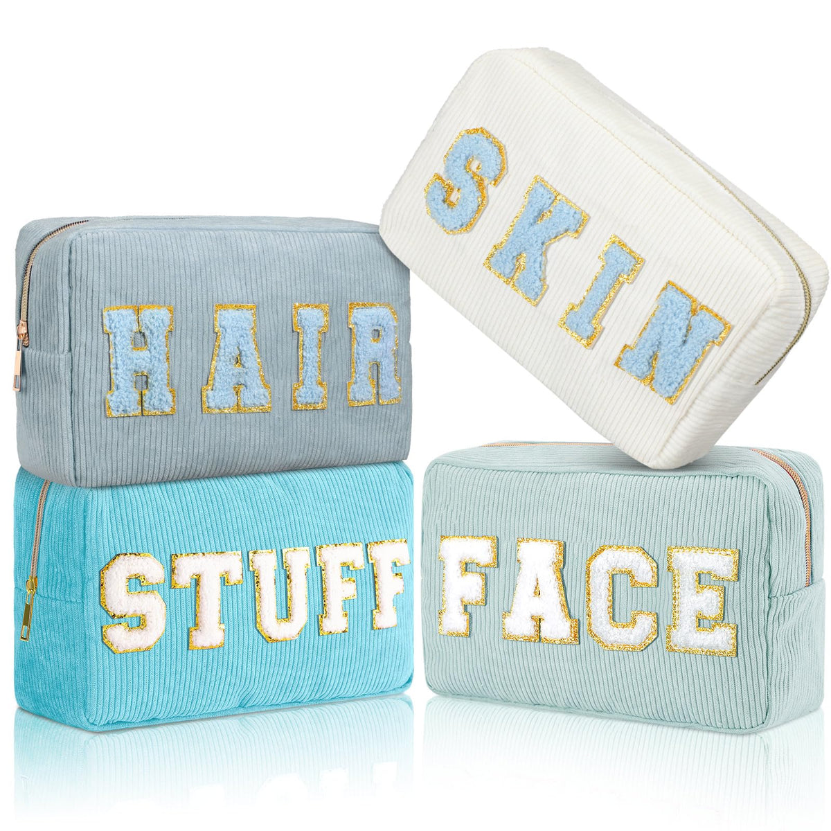 4 Preppy Chenille Letter Makeup Bags Blue Series Colors - Pinkunn Official Imagery - 1