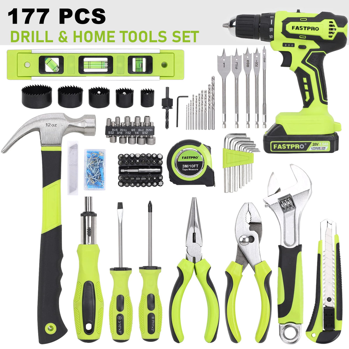 FASTPRO 20V Drill Set Home Tool Kit with Tool Box Green - FASTPRO Official Imagery - 4