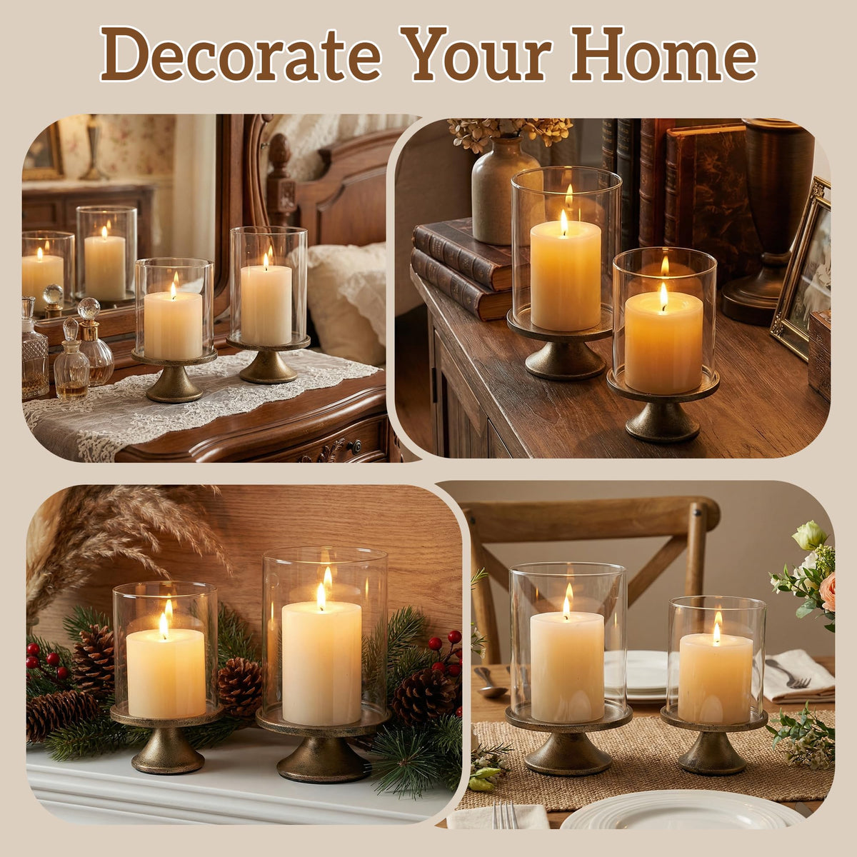 Set of 2 Hurricane Candle Holder Set with Glass Dome Iron - SUJUN Official Imagery - 4