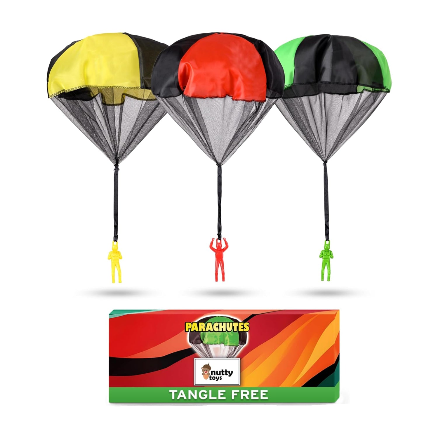 Nutty Toys outdoor flying parachute toy for kids, featuring a tangle-free design and colorful parachute with a plastic figure.