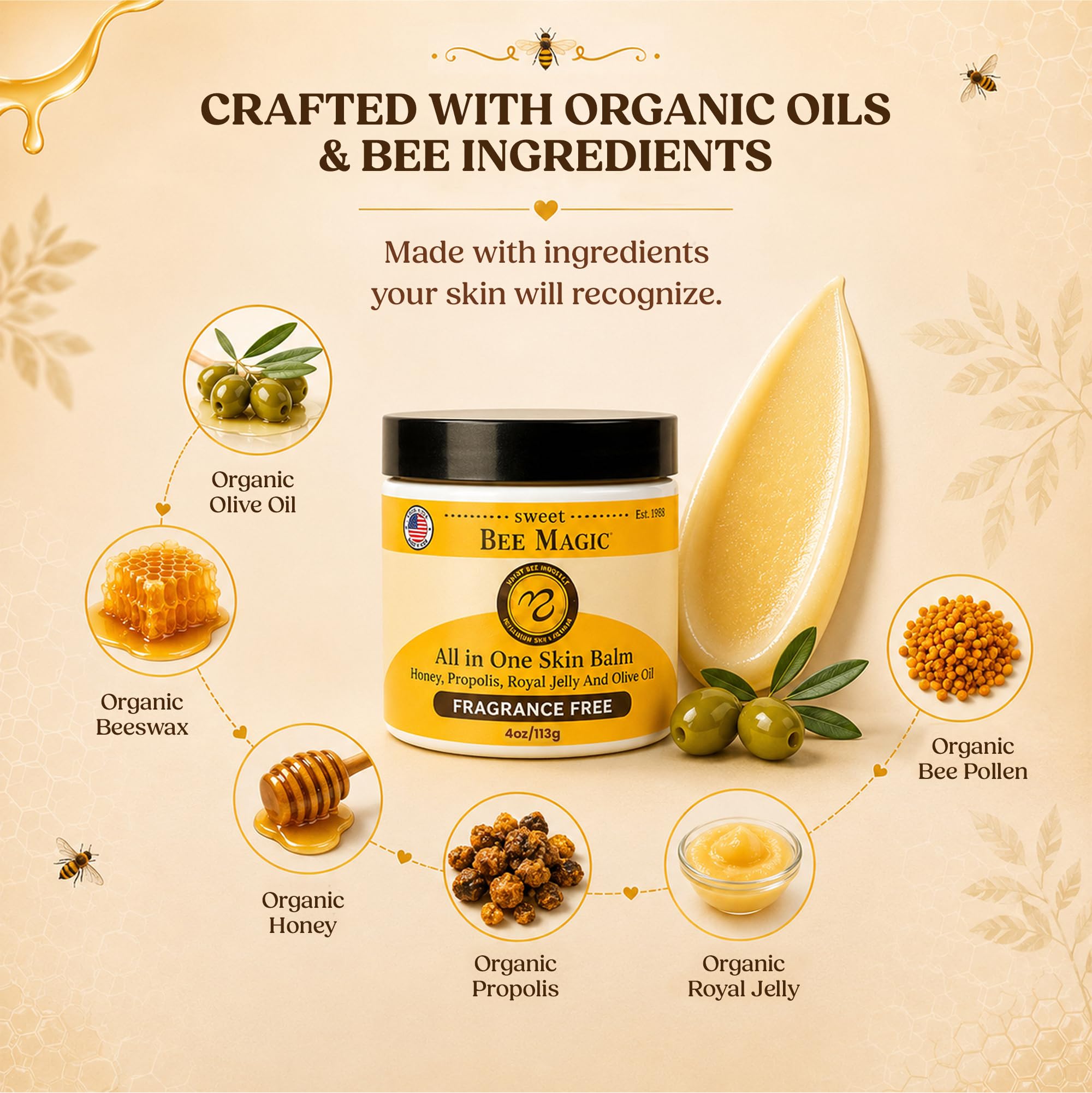 Medicine Mama's Apothecary Sweet Bee Magic Organic Honey Bee Balm for Face, Skin & Body - All in One Honey Balm - Beeswax Body Moisturizer - All Natural Aid - 1 jar (4oz)
