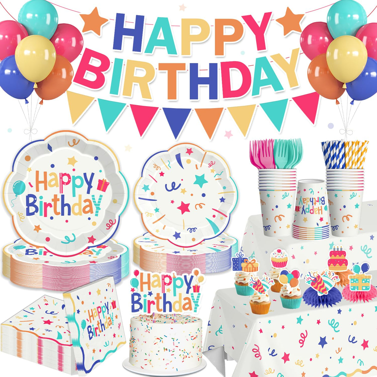 Xynic 197pcs Colorful Birthday Decorations Serves 25 - Xynic Official Imagery - 1