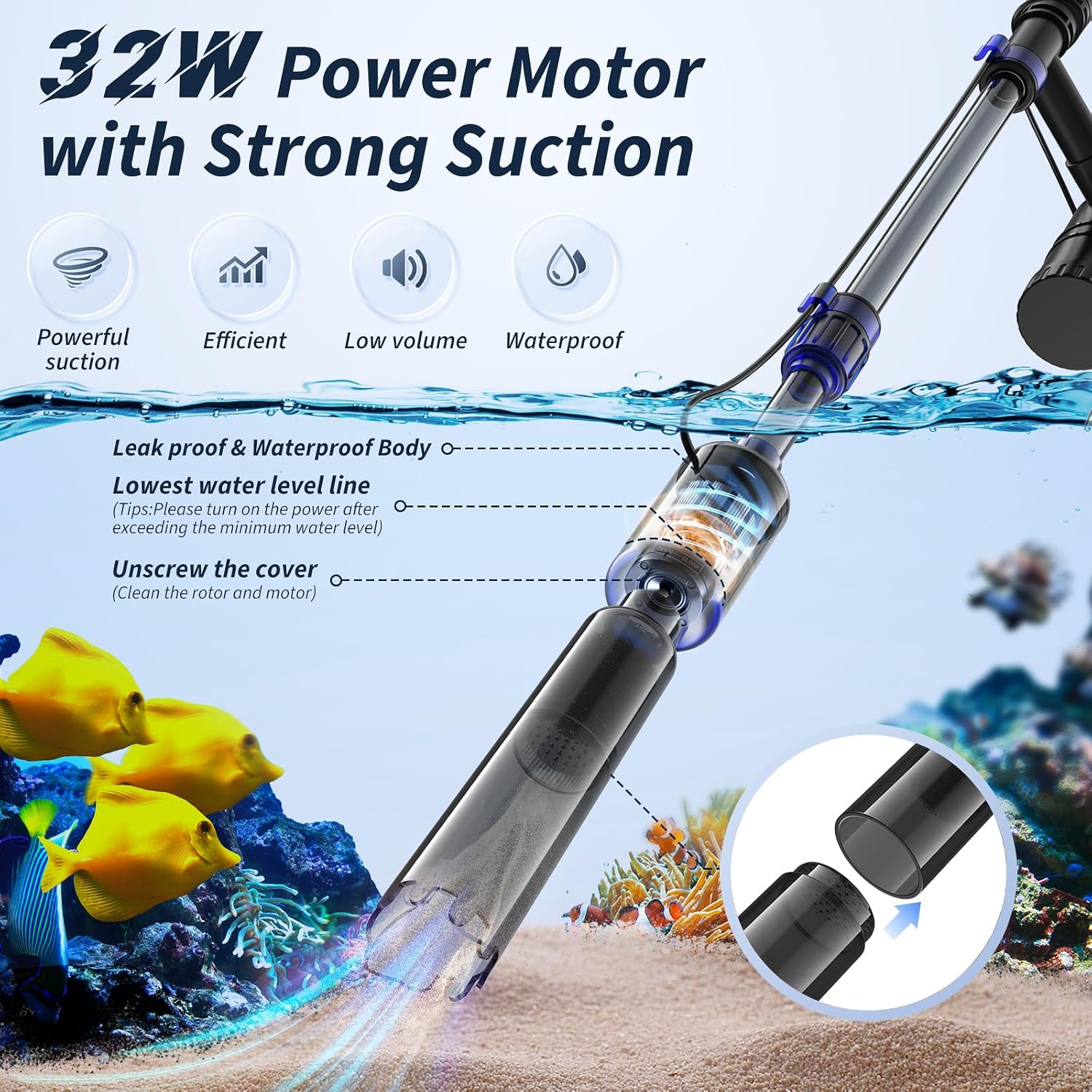 Electric fish tank cleaner by Mildhug, 530GPH aquarium gravel cleaner for efficient aquarium cleaning and water maintenance.