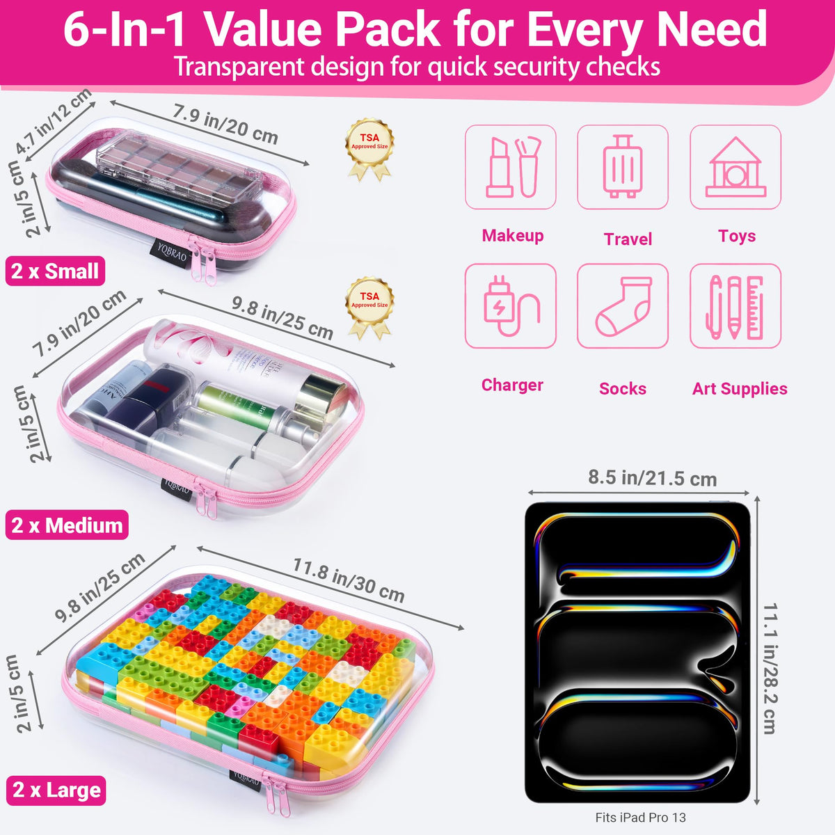 Clear Hard Shell Zipper Cases 6 Multi Size Organizers Pink - YQBRAO Official Imagery - 3