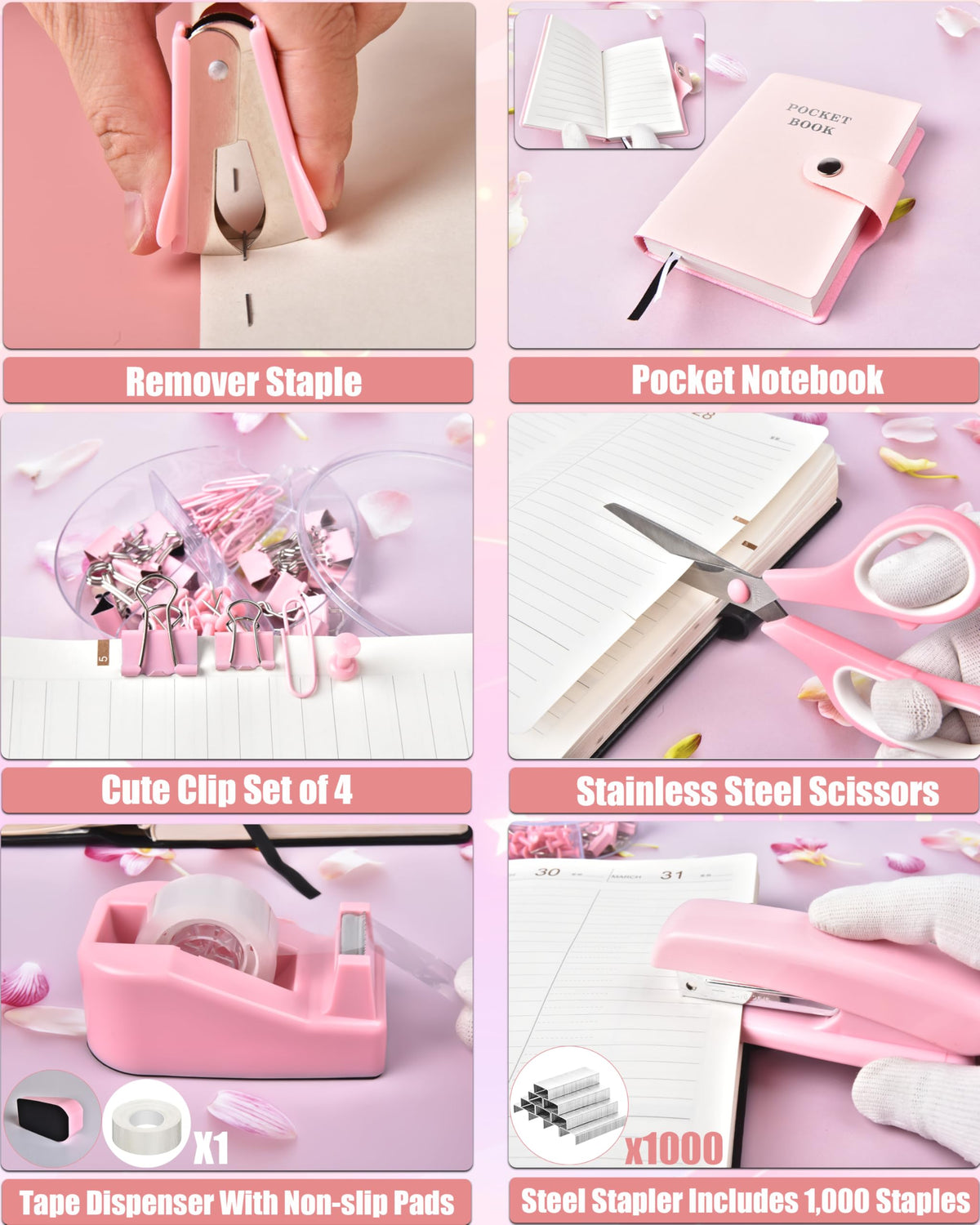 Pink Desk Accessories 21 Piece Office Supplies Gift Set for - LXEVIHK Official Imagery - 7
