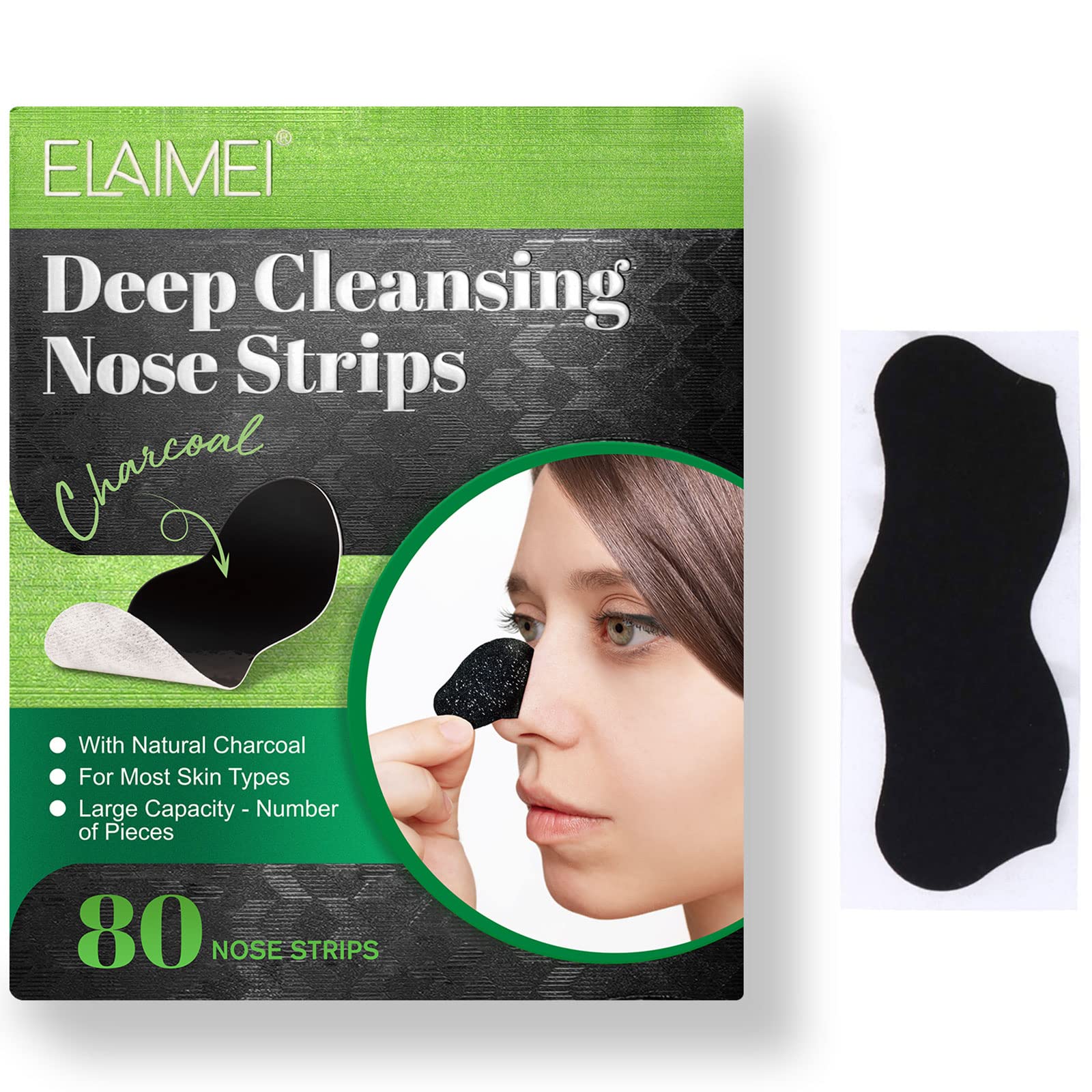 ELAIMEI Pore Strips, 80 Pcs, Natural Charcoal Blackhead Remover - Product Imagery