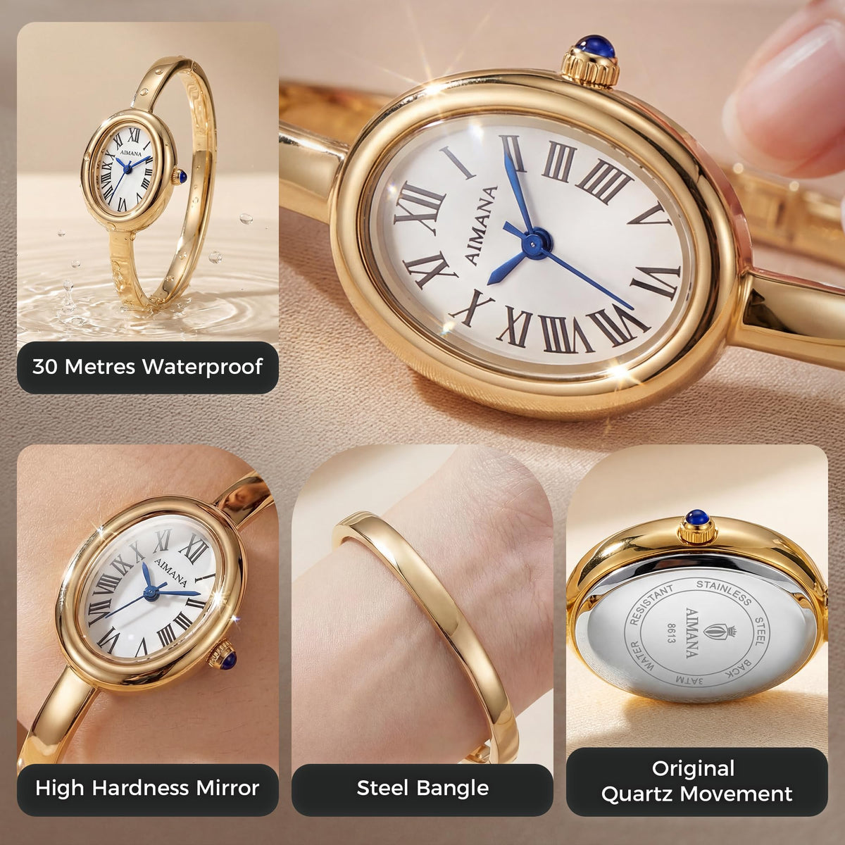 Gold Bangle Watch for Women Vintage Oval Dial Roman Numerals - VORSEL Official Imagery - 6