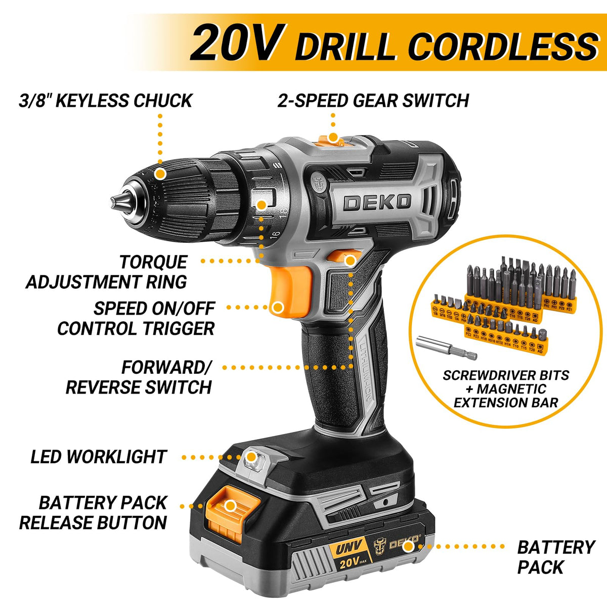 Cordless Drill Tool Kit Set 20V Power Drill Tool Box with - DEKOPRO Official Imagery - 4