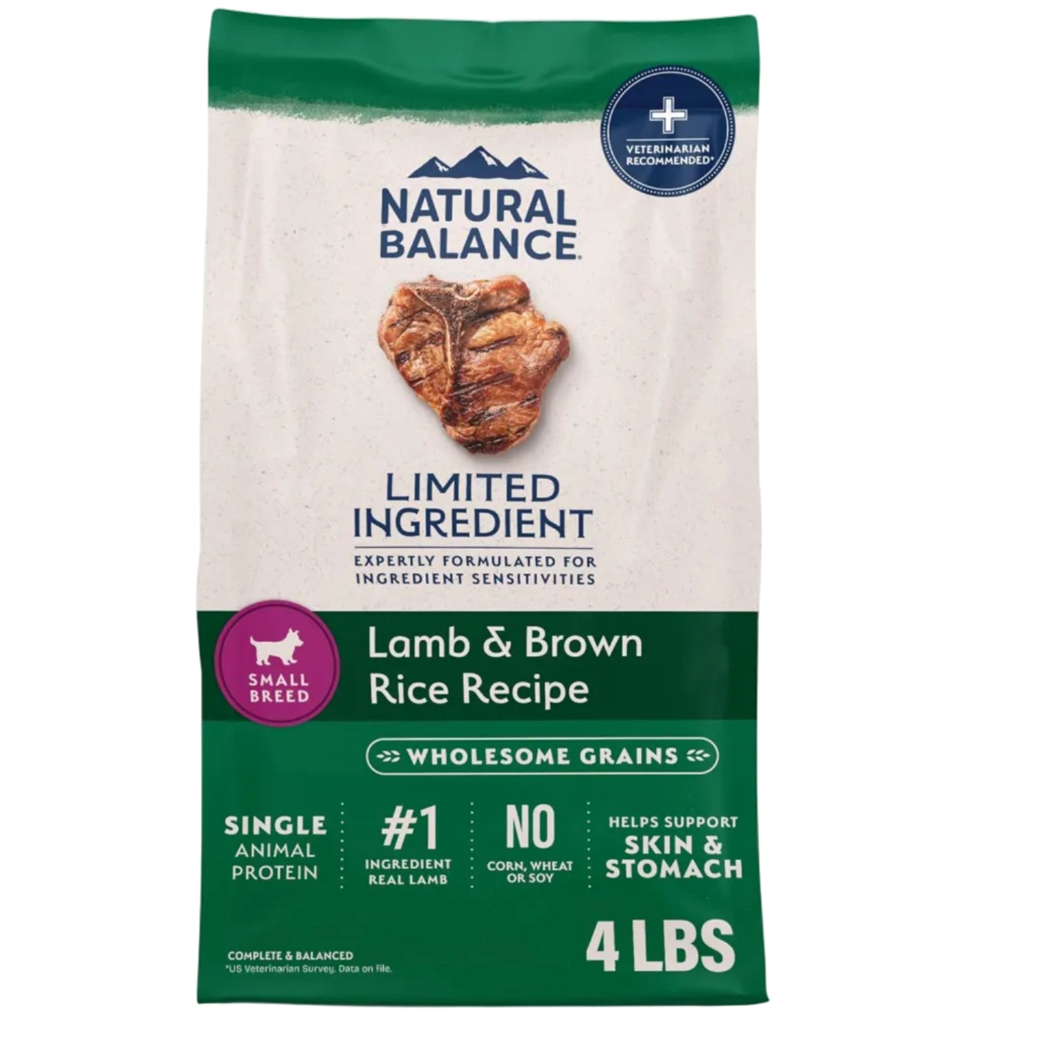 Natural Balance limited ingredient small-breed adult dry dog food bag showing the packaging and branding.
