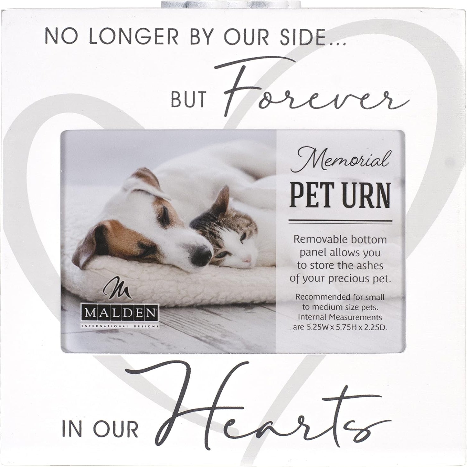 Malden International Designs 3.5x5 Forever In Our Hearts memorial pet urn with engraved design and secure lid.