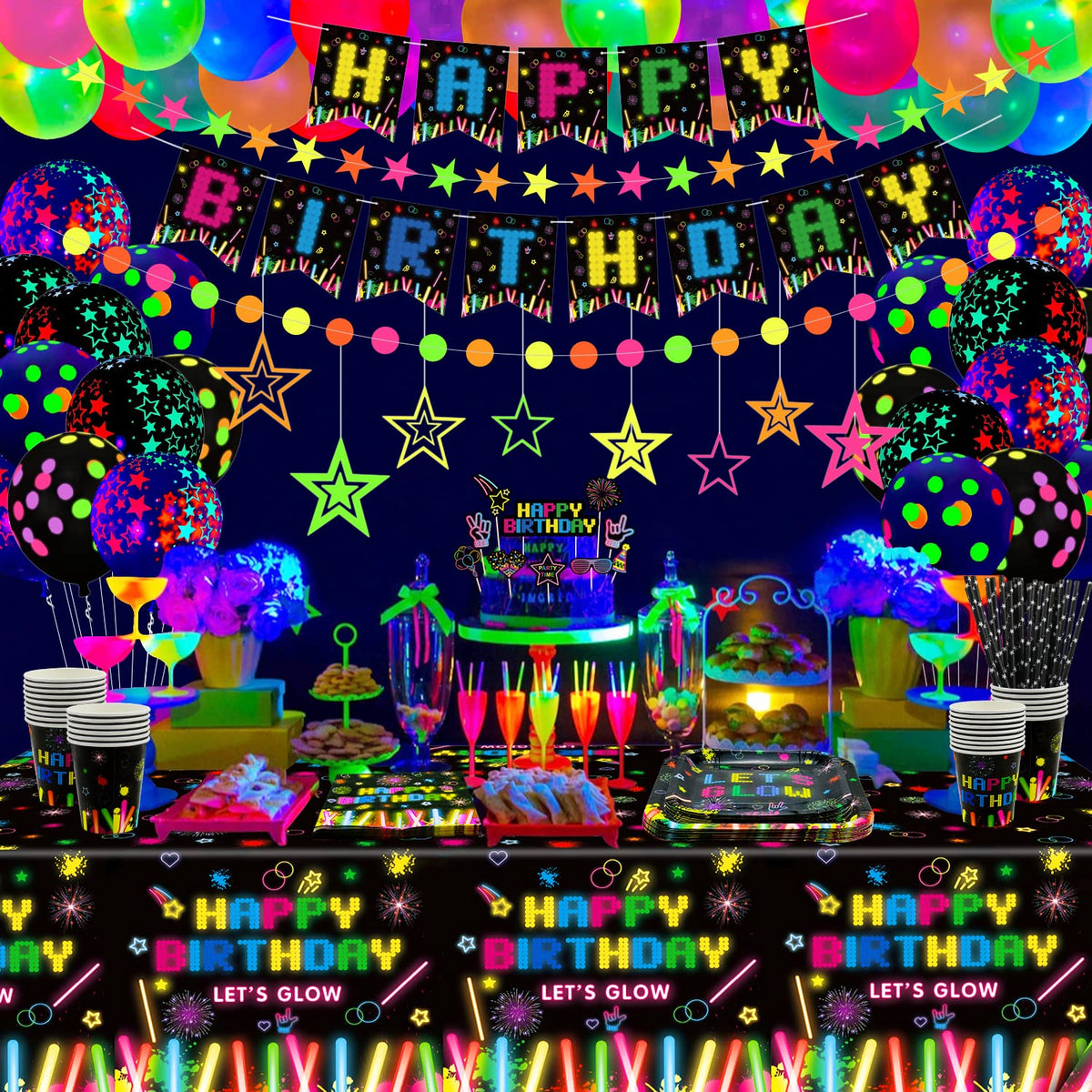 241 PCS Party Supplies Neon Glow Tableware Set - Dvaorc Official Imagery - 3