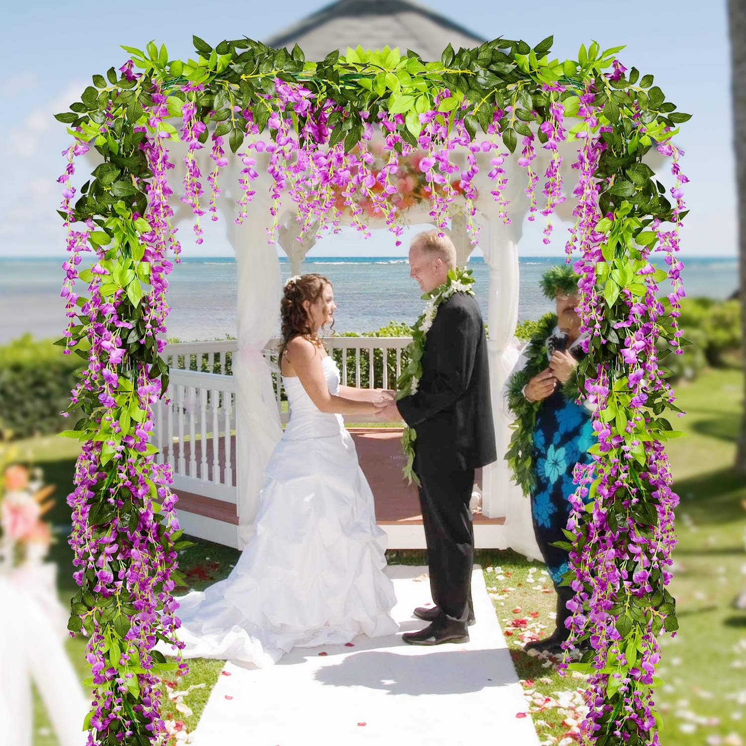 DearHouse 4-piece 6.6 ft silk wisteria garland with artificial flowers, showcasing lush purple blossoms and green leaves.