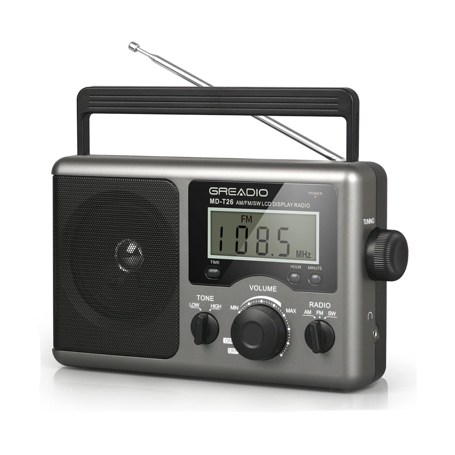 Greadio portable shortwave radio with LCD display, AM/FM tuner, and transistor design for clear reception.