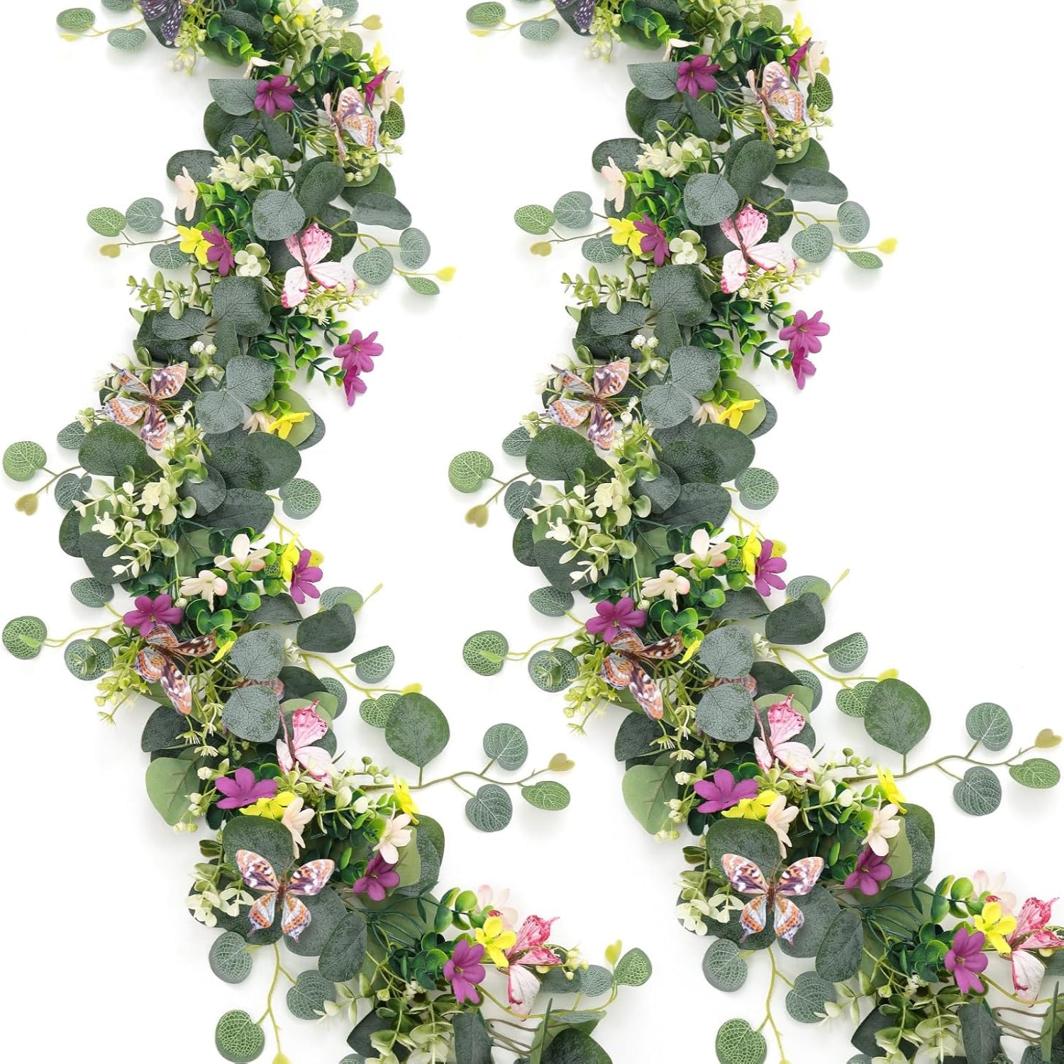 Two-pack ASTNIC artificial daisy garlands with 3D butterflies, hanging fake flowers for decoration, 5.68 feet long.