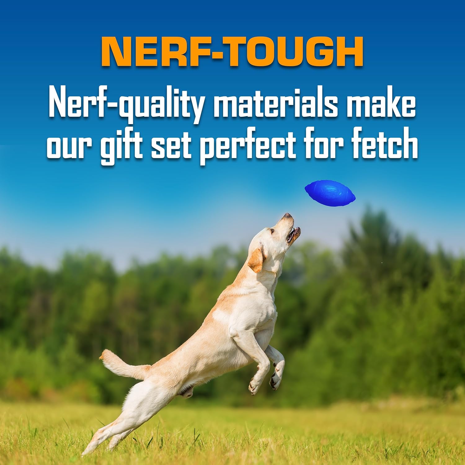 Nerf Dog toy gift set with three outdoor tug and fetch football toys for dogs, durable and fun for active play.