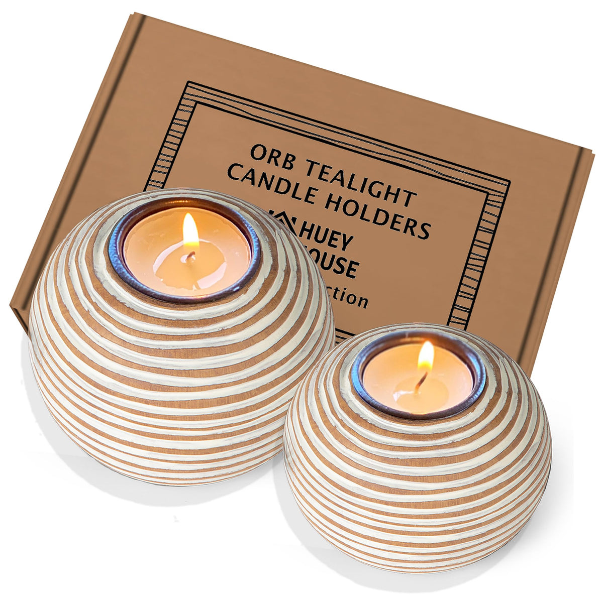 Tuva Brown Orb Tea Light Candle Holders Gift Boxed Set of 2 - Huey House Official Imagery - 2