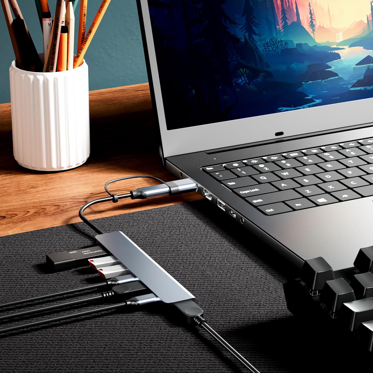 PANPEO 7-in-1 USB C hub with multiple ports including USB 3.0 for MacBook and PC, showing various connection options.