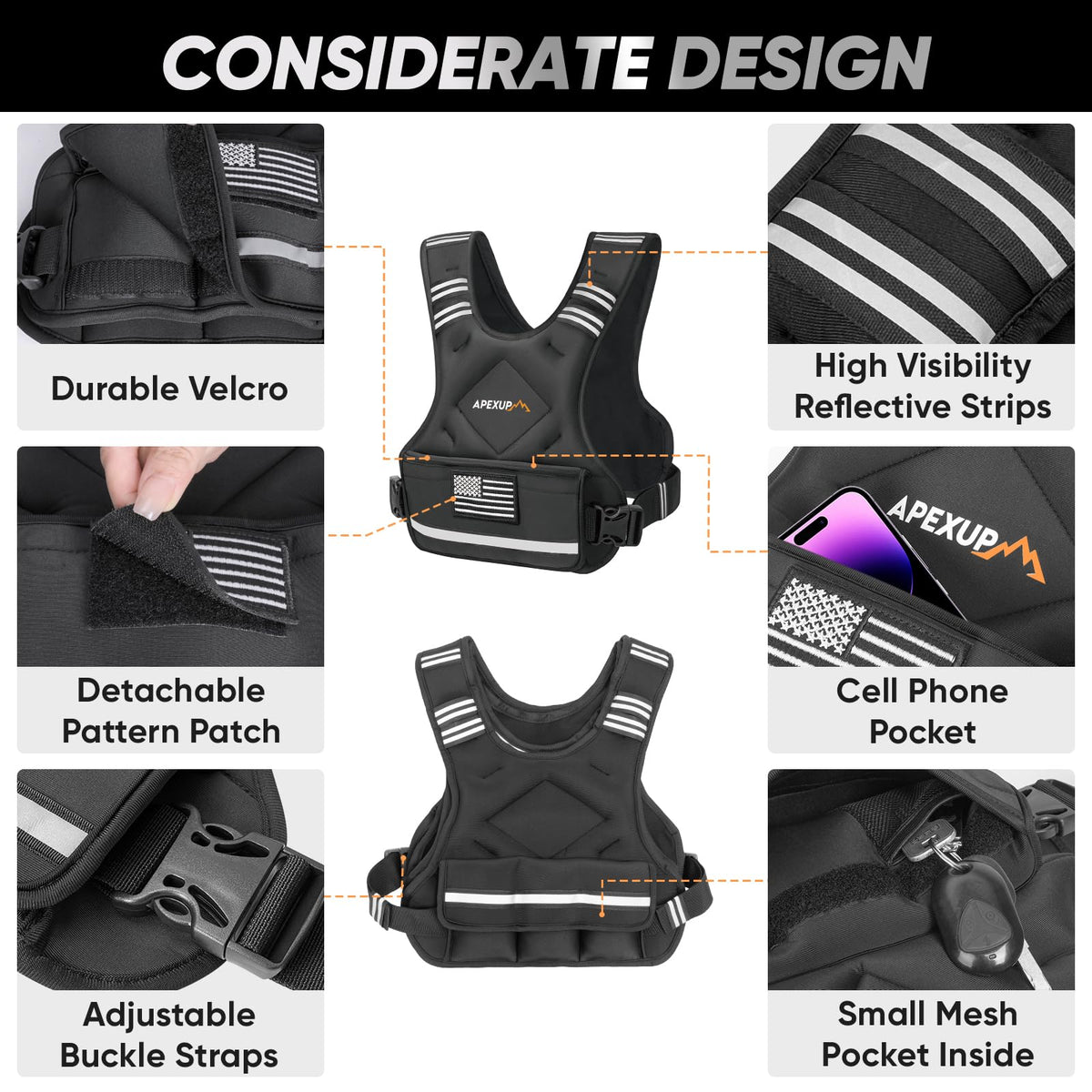 Adjustable Weighted Vest 4 10lb 12 18lb 20 32lb Vest with 6 - APEXUP Official Imagery - 6