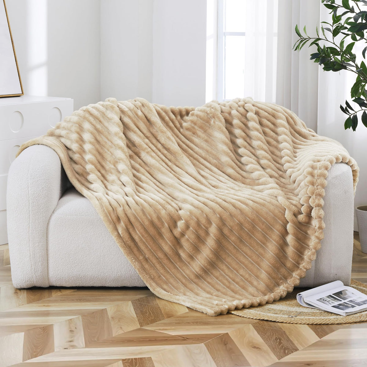 Taliska Ribbed Fleece Throw Blanket for Couch Bed Khaki 60 - Taliska Official Imagery - 3