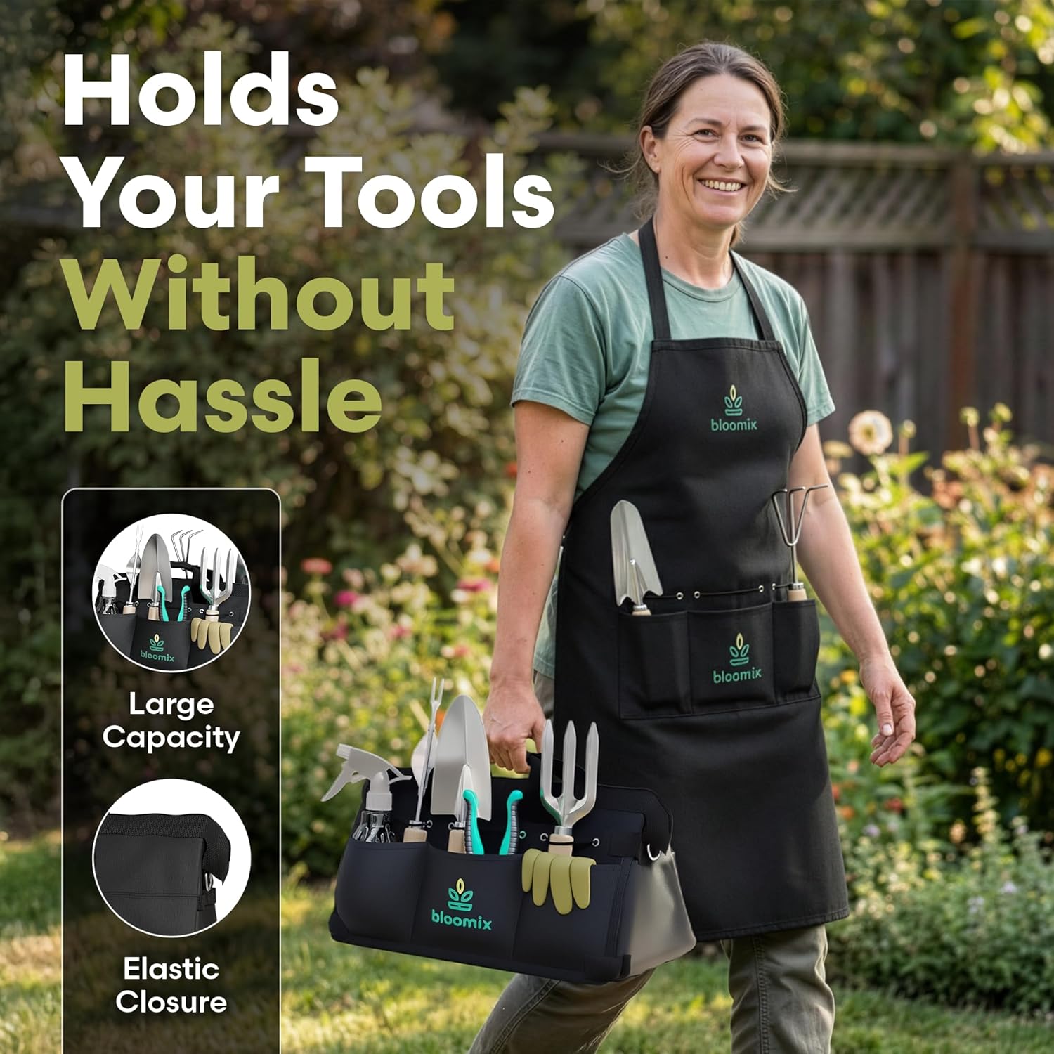 Bloomix 12-piece gardening tools set with heavy-duty tools and tool bag for gardening and planting tasks.
